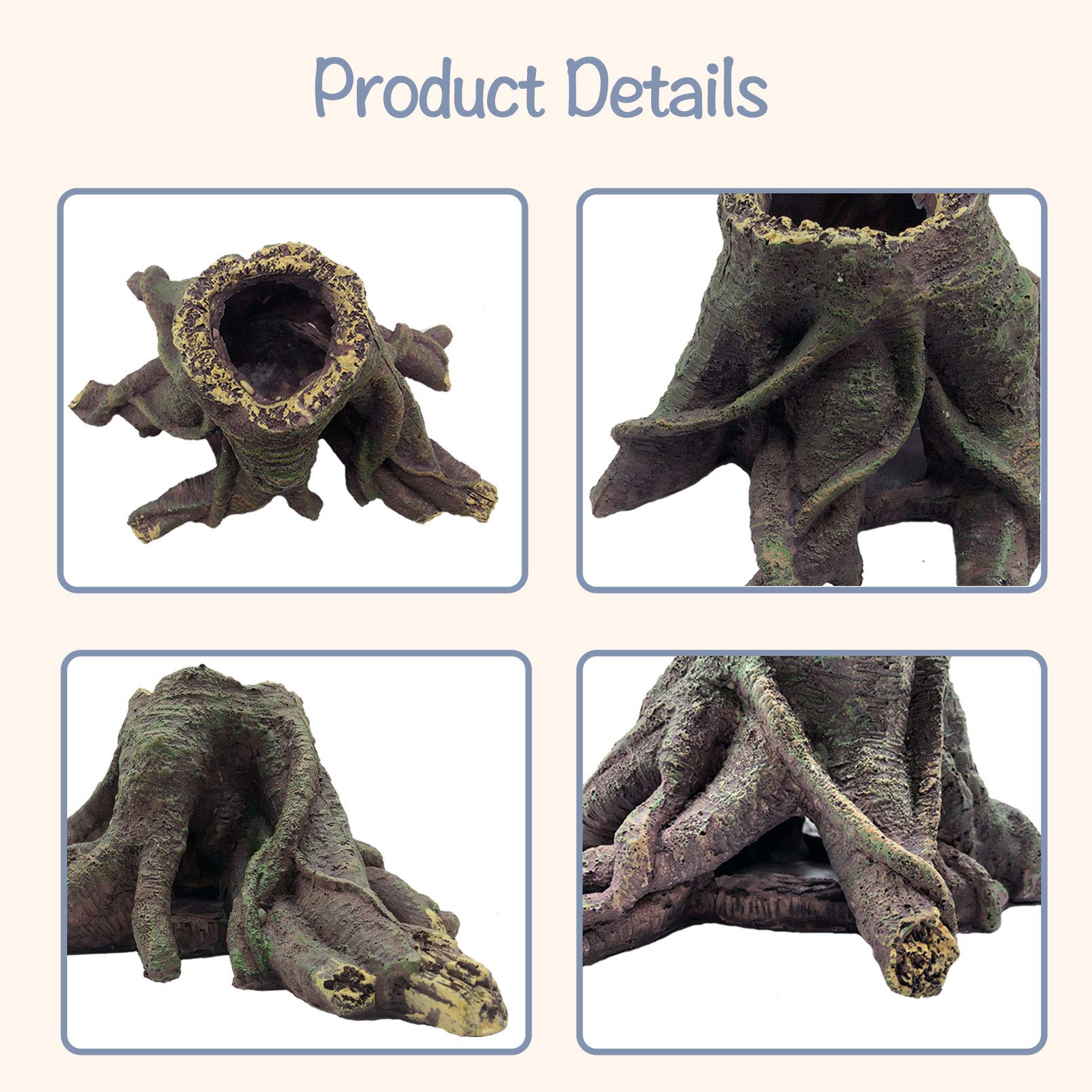 PINVNBY Bearded Dragon Tank Accessories,Crested Gecko Tree Stump Decorations Resin Reptile Hollow Tree Root Habitat Hideouts Cav